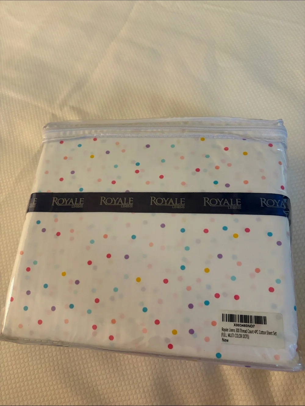 NWT 4 pc 100% Premium Cotton white with polka dots Sheet Set Full 300 thread ct